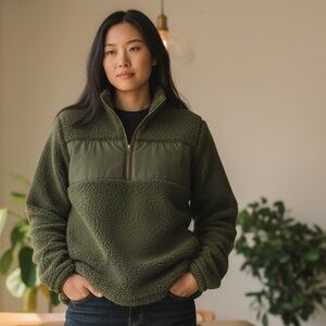 Weatherproof Vintage Olive Sherpa Half-Zip Pullover | Cozy Gorpcore | Size Large